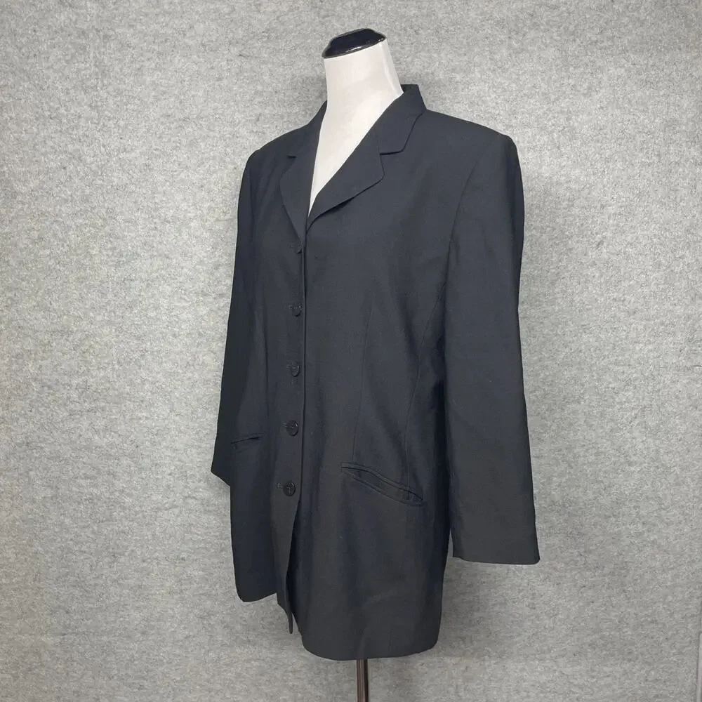Vtg Nordstrom Blk Worsted Wool Longline Blazer Women 12 USA Made Career Classic